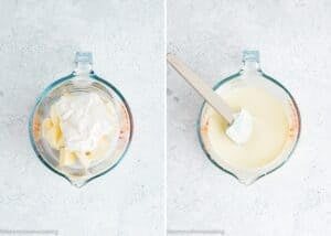 Two-panel image showing a glass bowl with ingredients for Easy Cream Cheese Glaze on the left, and the same bowl with the mixture blended smooth on the right.