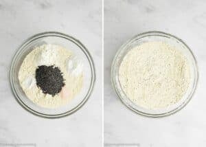 Two glass bowls on a marble surface: the left shows unmixed dry ingredients for Egg-Free Lemon Poppy Seed Muffins, while the right displays the ingredients mixed together.