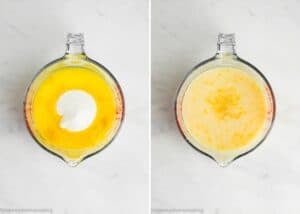 Two glass measuring cups on a marble surface: the left holds yellow liquid with a dollop of white cream, while the right displays the mixture blended into a smooth yellow liquid for Egg-Free Lemon Poppy Seed Muffins.