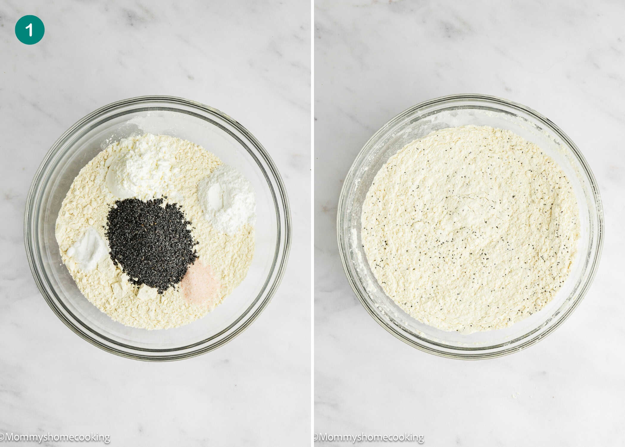 Two glass bowls on a white surface: the left holds dry ingredients for Egg-Free Lemon Poppy Seed Muffins, including flour, black seeds, and powder; the right shows these ingredients mixed together.