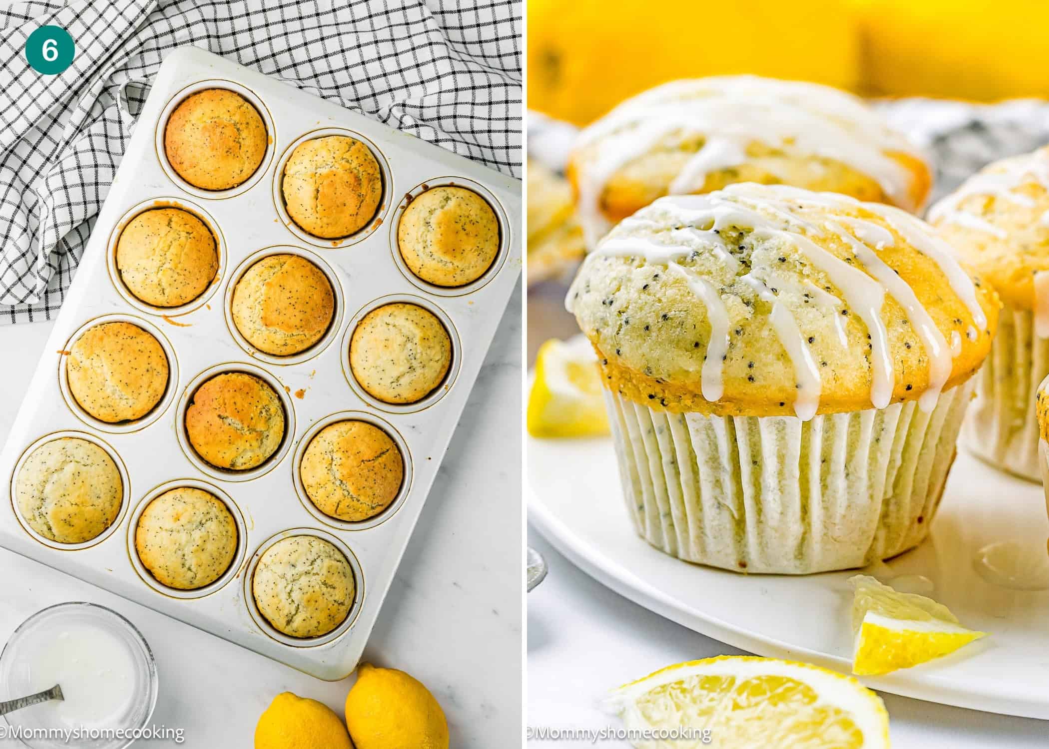 A muffin tin with freshly baked muffins sits beside a plate of Egg-Free Lemon Poppy Seed Muffins drizzled with icing, with lemon slices in the background.
