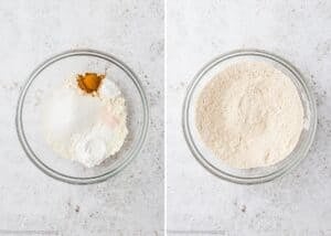 Two glass bowls with dry baking ingredients for Eggless Banana Waffles on a white surface: the left displays unmixed ingredients, while the right shows them blended together.