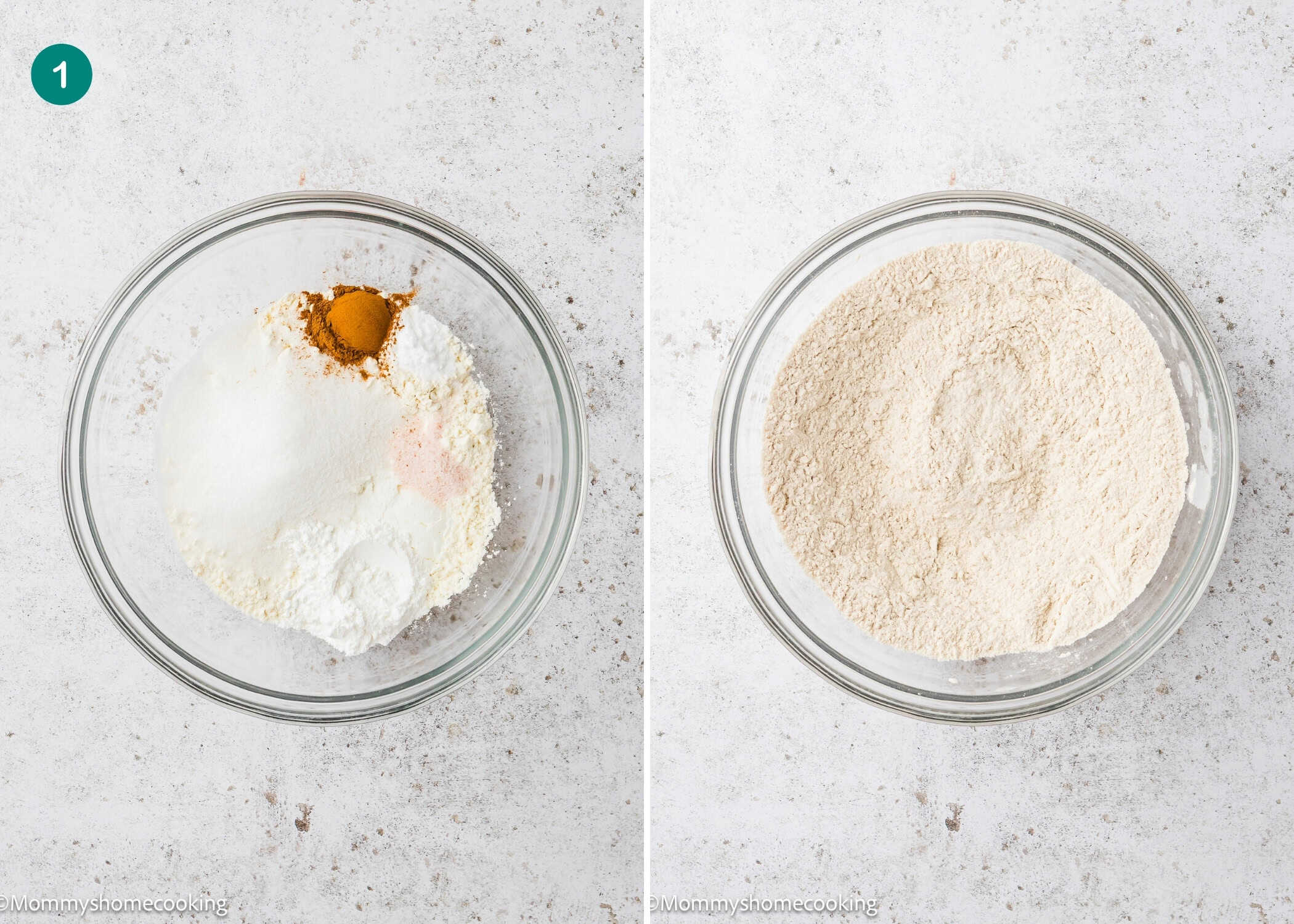 Two glass bowls with dry baking ingredients for Eggless Banana Waffles on a white surface: the left displays unmixed ingredients, while the right shows them blended together.