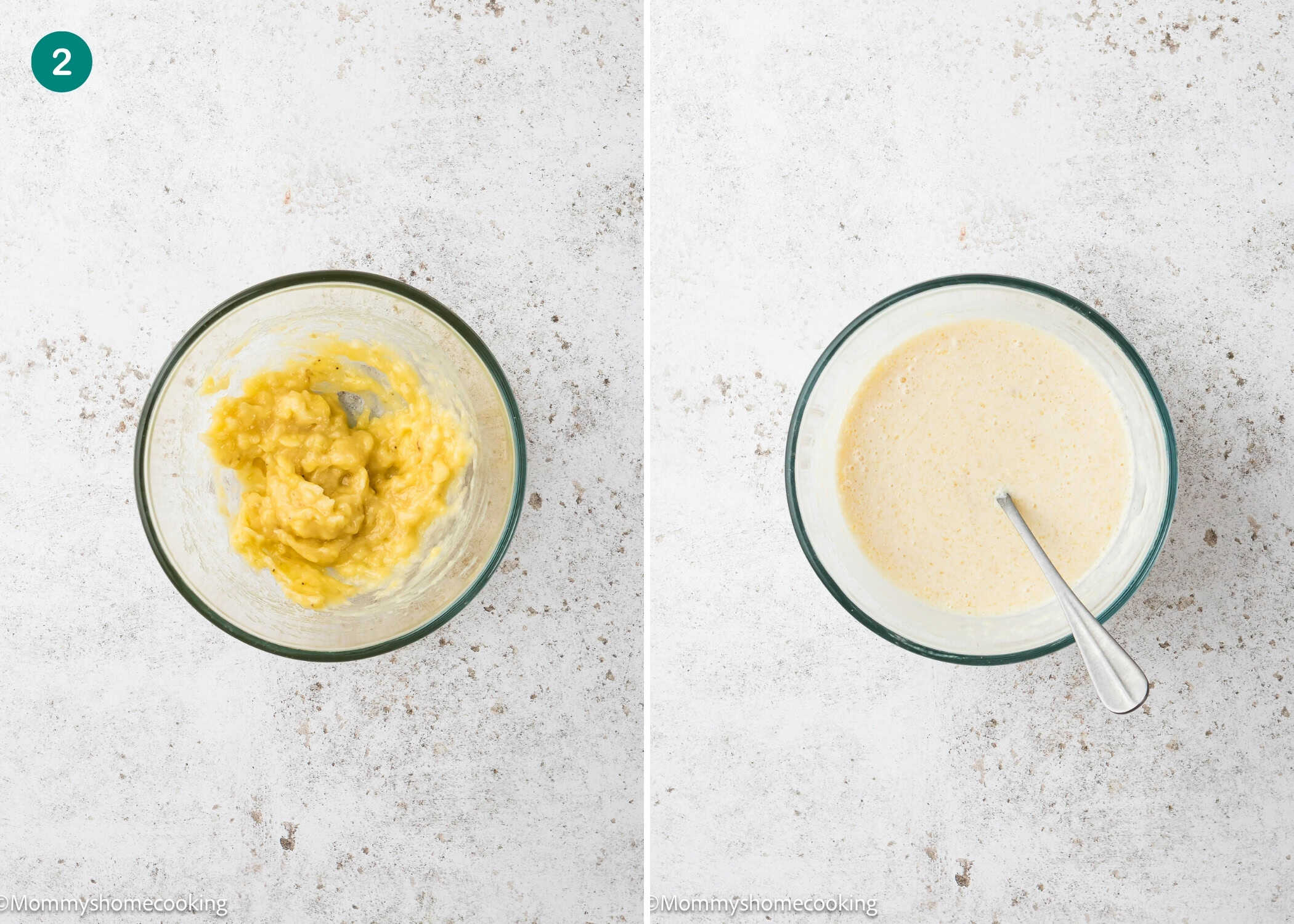 Side-by-side images show a bowl of mashed bananas on the left and a bowl of mixed Eggless Banana Waffles batter with a spoon on the right, both on a white surface.