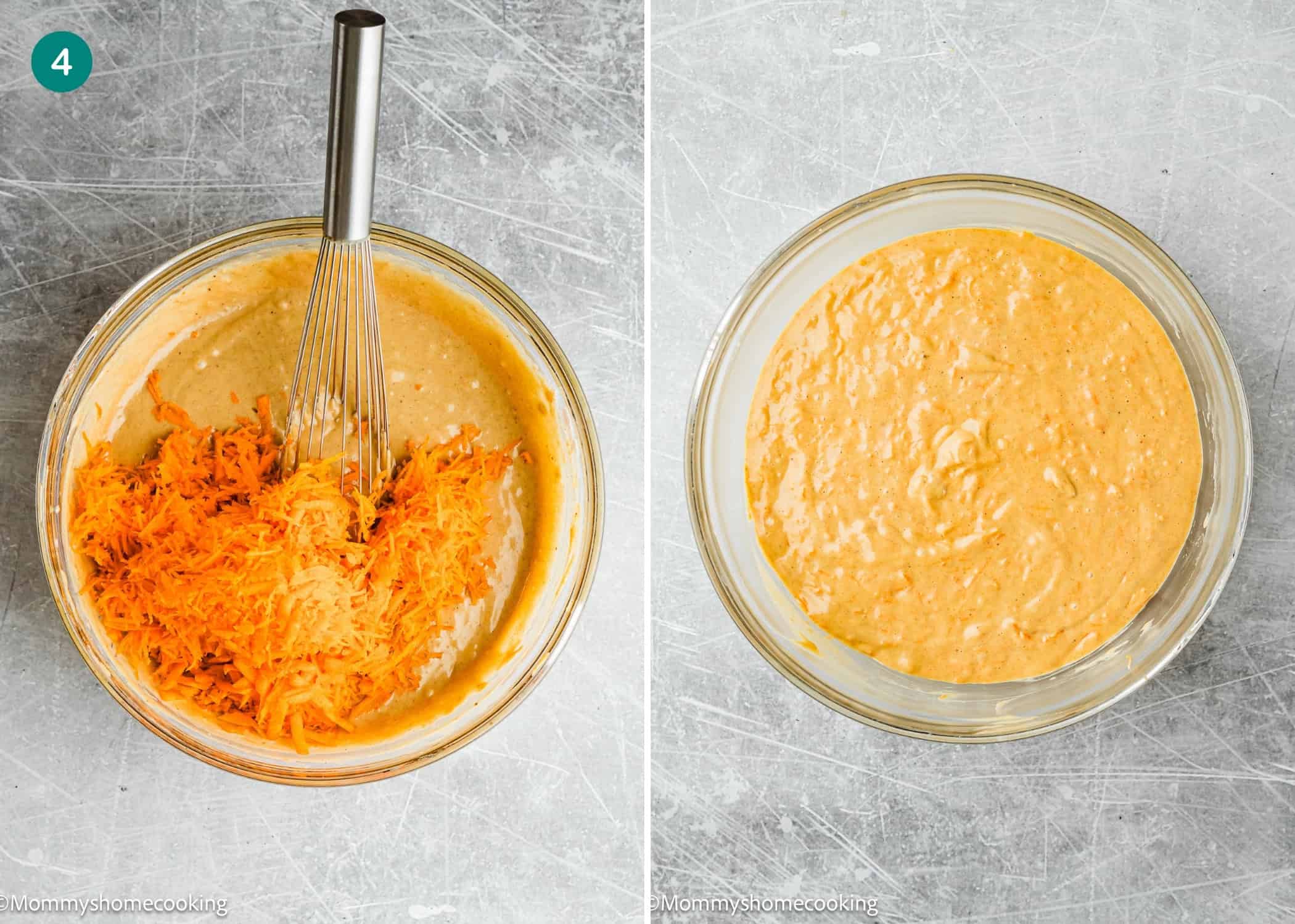 Two glass bowls on a gray surface: the left holds batter with shredded carrots being mixed in for Eggless Carrot Bundt Cake, while the right displays the fully mixed orange batter.