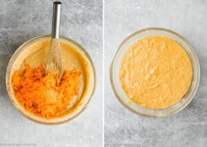 Two clear bowls on a gray surface: the left bowl holds Eggless Carrot Bundt Cake batter with shredded carrots and a whisk; the right bowl shows the fully mixed batter.