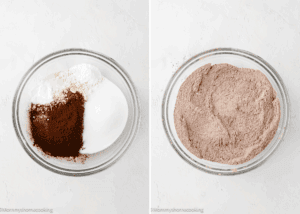 Two images of a glass bowl: the left shows sugar, flour, cocoa powder, and baking powder before mixing; the right displays these ingredients blended together into a uniform mixture for Eggless Chocolate Waffles.