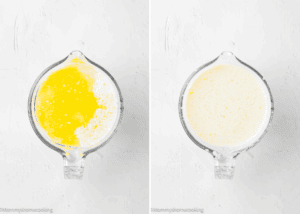Two glass measuring cups shown from above: the left contains separated ingredients, while the right shows them fully blended together to make Eggless Chocolate Waffles, both on a white surface.
