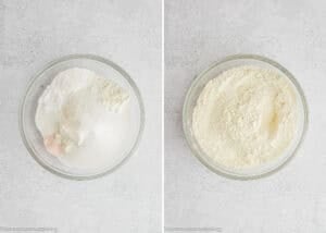 Two side-by-side glass bowls: the left contains unmixed dry ingredients for Eggless Yogurt Waffles, while the right displays the same ingredients combined into a uniform powder.
