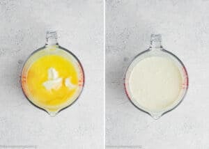 Two glass measuring cups sit on a light countertop: the left holds eggs and sour cream, while the right shows a smooth, pale mixture. Perfect for making Eggless Yogurt Waffles.