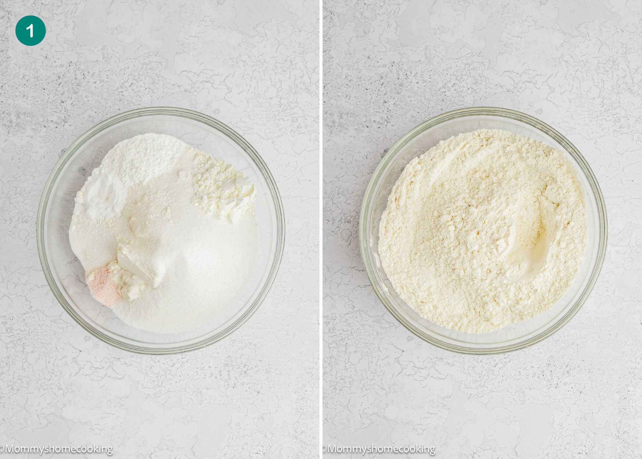 Two side-by-side glass bowls: the left holds unmixed dry baking ingredients, while the right displays the combined mixture for Eggless Yogurt Waffles.