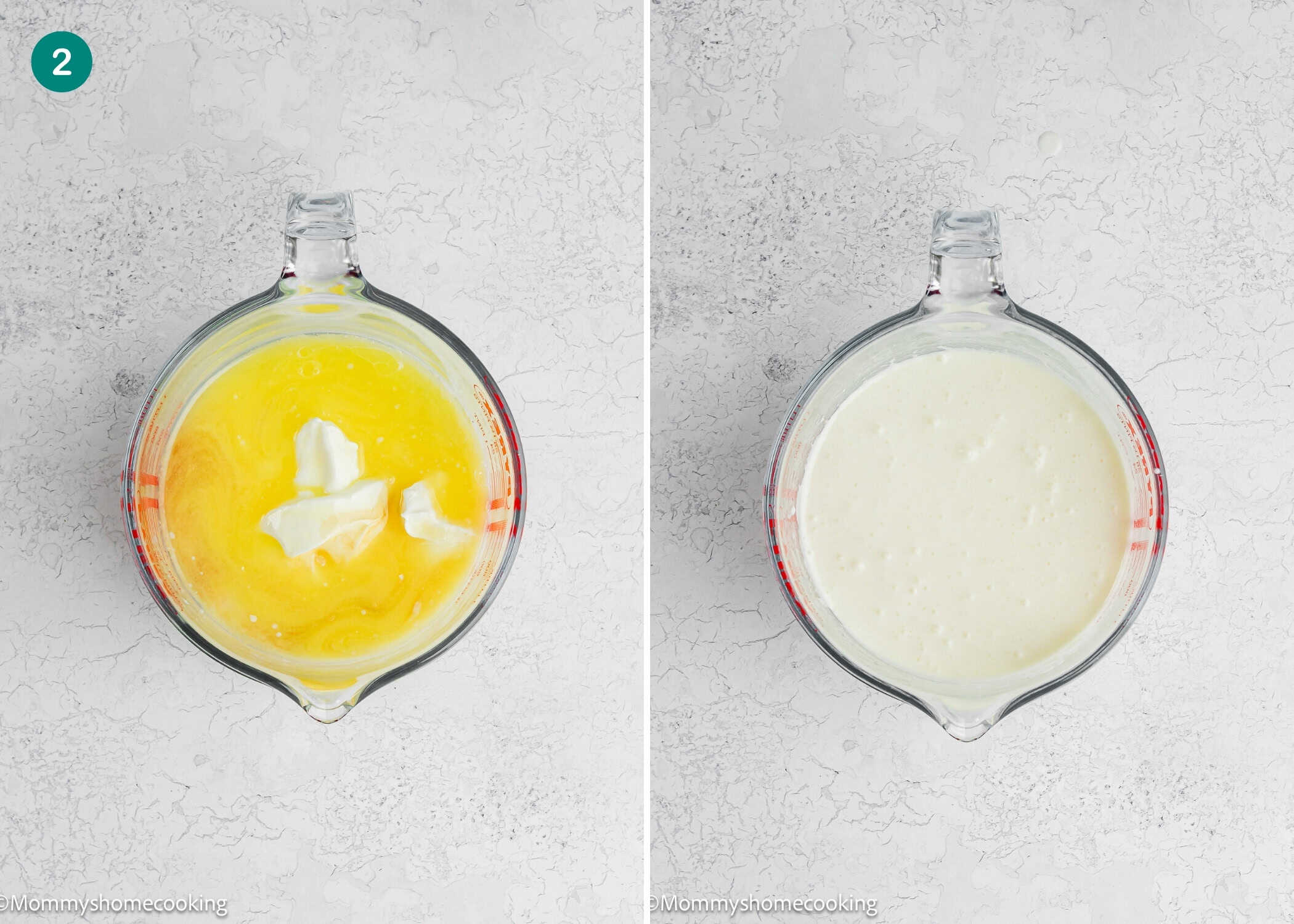 Two glass measuring cups on a light surface; the left holds ingredients for Eggless Yogurt Waffles before mixing, while the right displays a smooth, pale batter after blending.