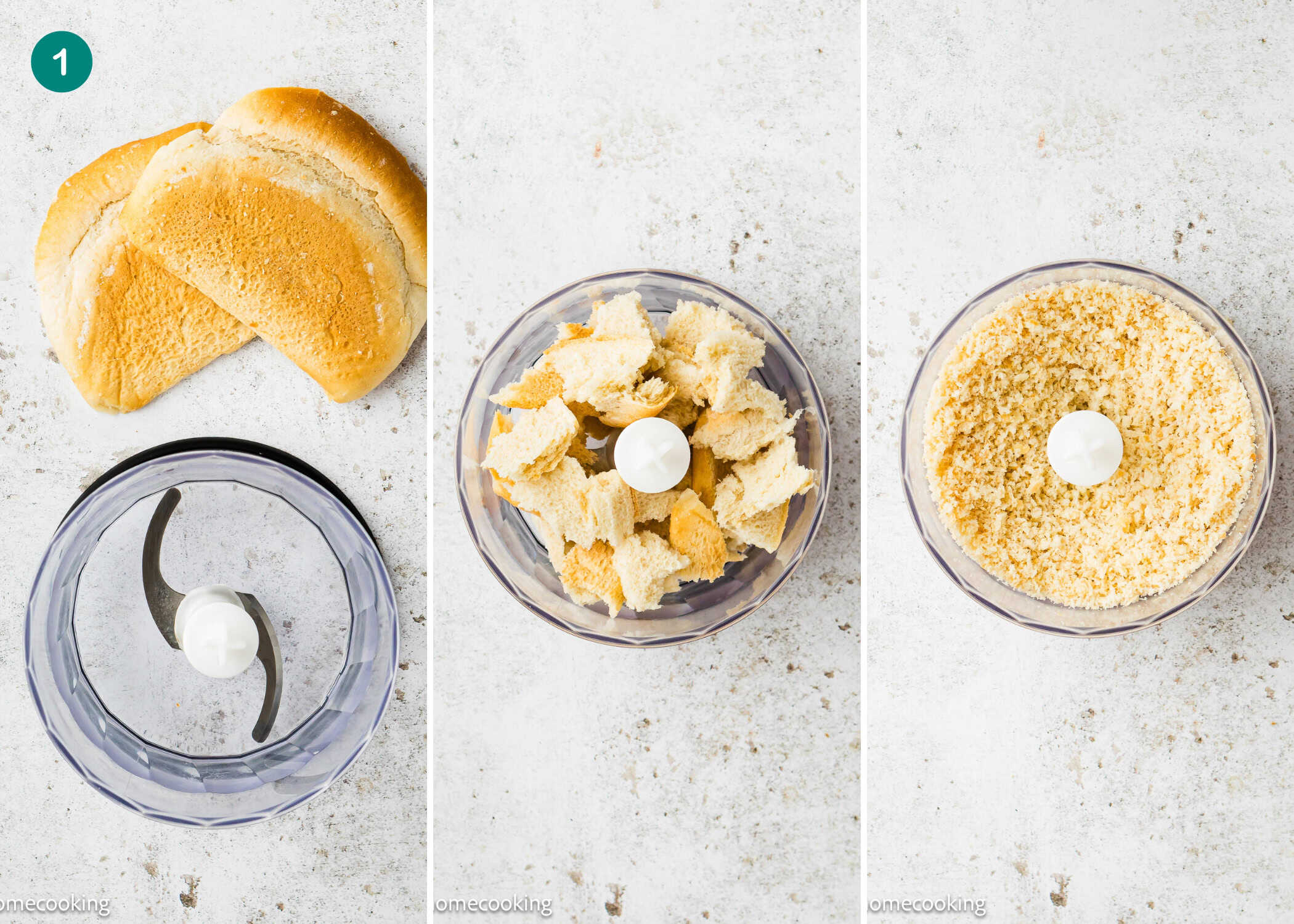 Three-step process for making breadcrumbs: whole bread slices, torn pieces blended in a food processor, and finely ground crumbs—perfect for a simple meatball recipe without eggs.