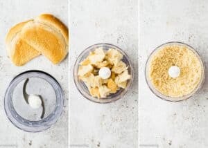 Three images show: sliced bread next to a food processor; bread torn into pieces in the processor; and finely processed bread crumbs, perfect for a Simple Meatball Recipe Without Eggs.