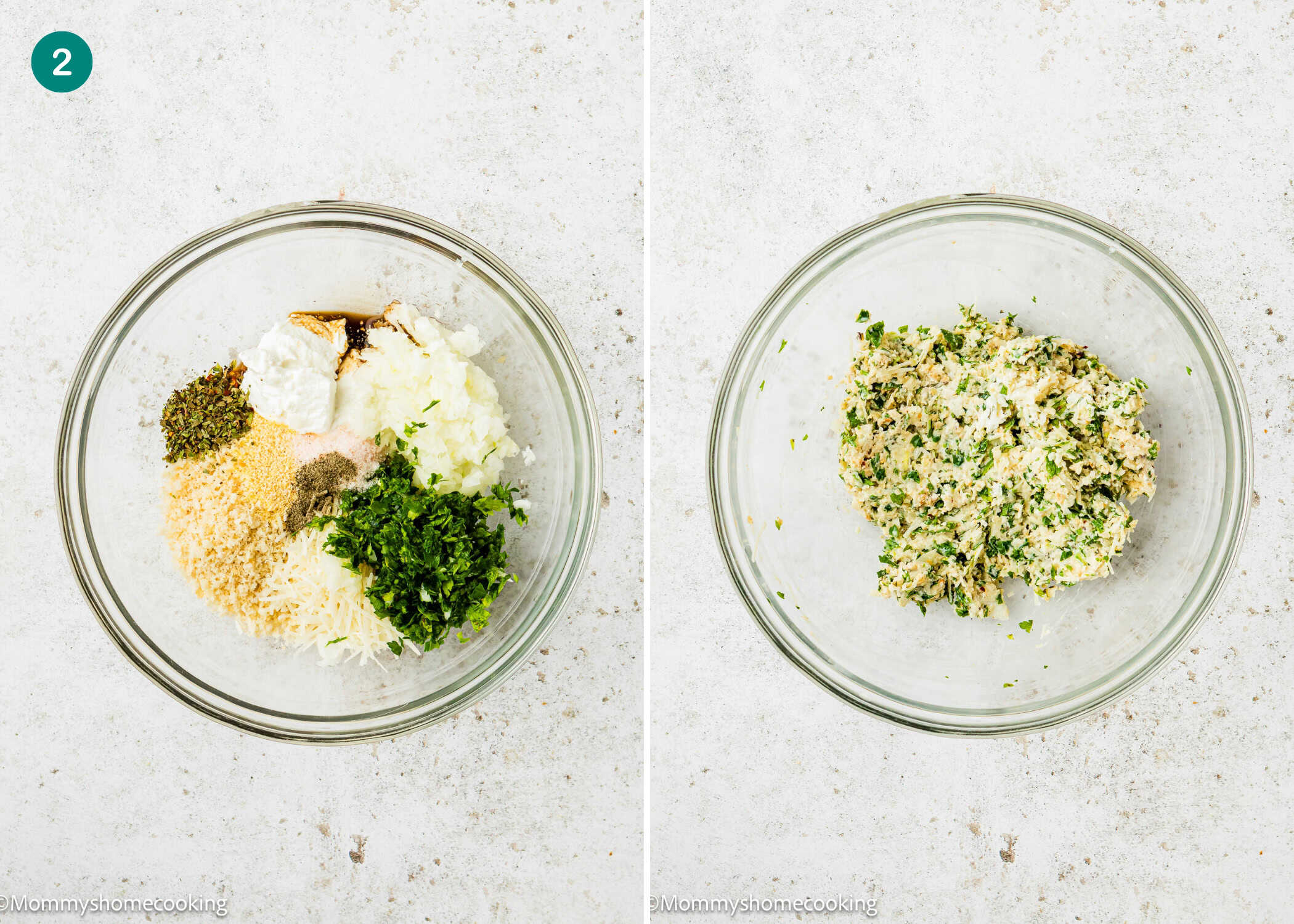 Two glass bowls side by side; the left holds chopped herbs, onion, breadcrumbs, and seasonings for a Simple Meatball Recipe Without Eggs, while the right shows these ingredients combined into a uniform mixture.