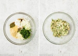 Two glass bowls: one with unmixed meatball ingredients (herbs, onions, breadcrumbs, and seasonings), the other with the same ingredients mixed together for a simple meatball recipe without eggs.