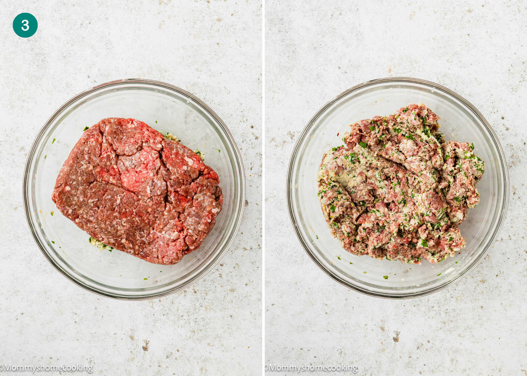 Side-by-side images of raw ground beef and seasoned, mixed ground beef for a Simple Meatball Recipe Without Eggs, both displayed in glass bowls on a light countertop.
