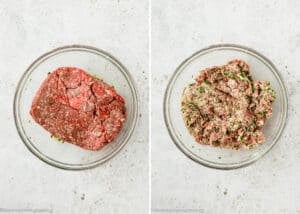 Two glass bowls side by side: the left contains raw ground beef and herbs for a simple meatball recipe without eggs, the right shows the mixture evenly combined.