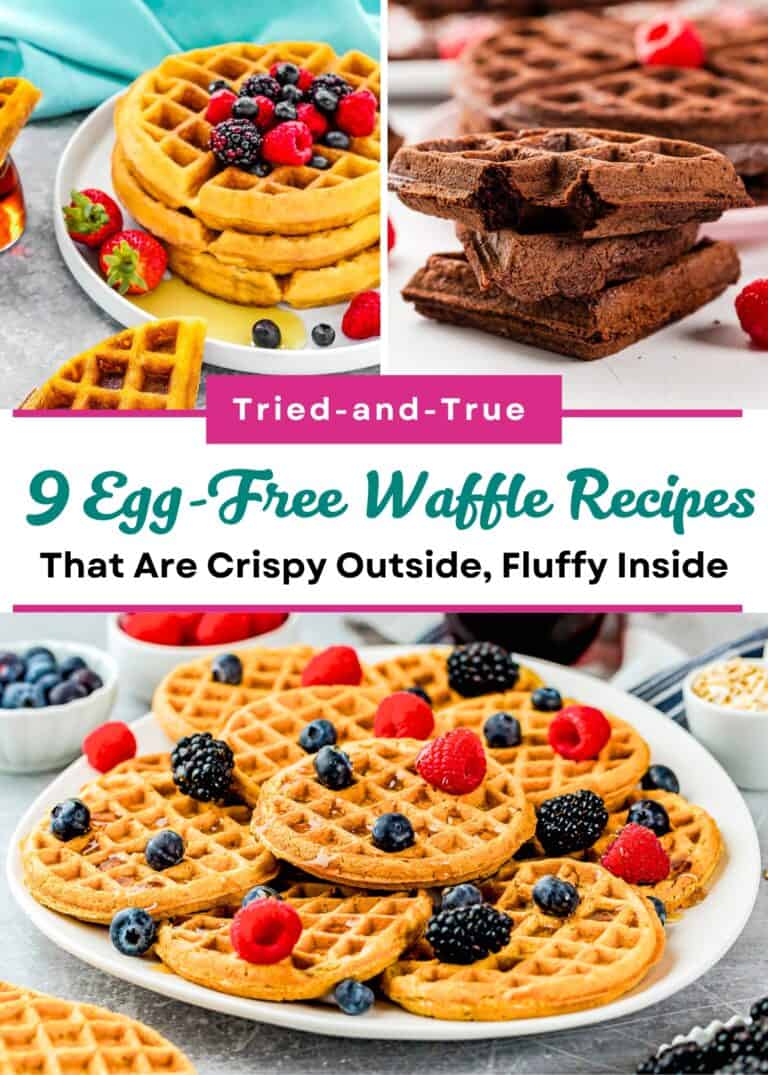 Plates of golden and chocolate waffles topped with fresh berries sit on a table, showcasing tried-and-true egg-free waffle recipes that are crispy outside and fluffy inside.