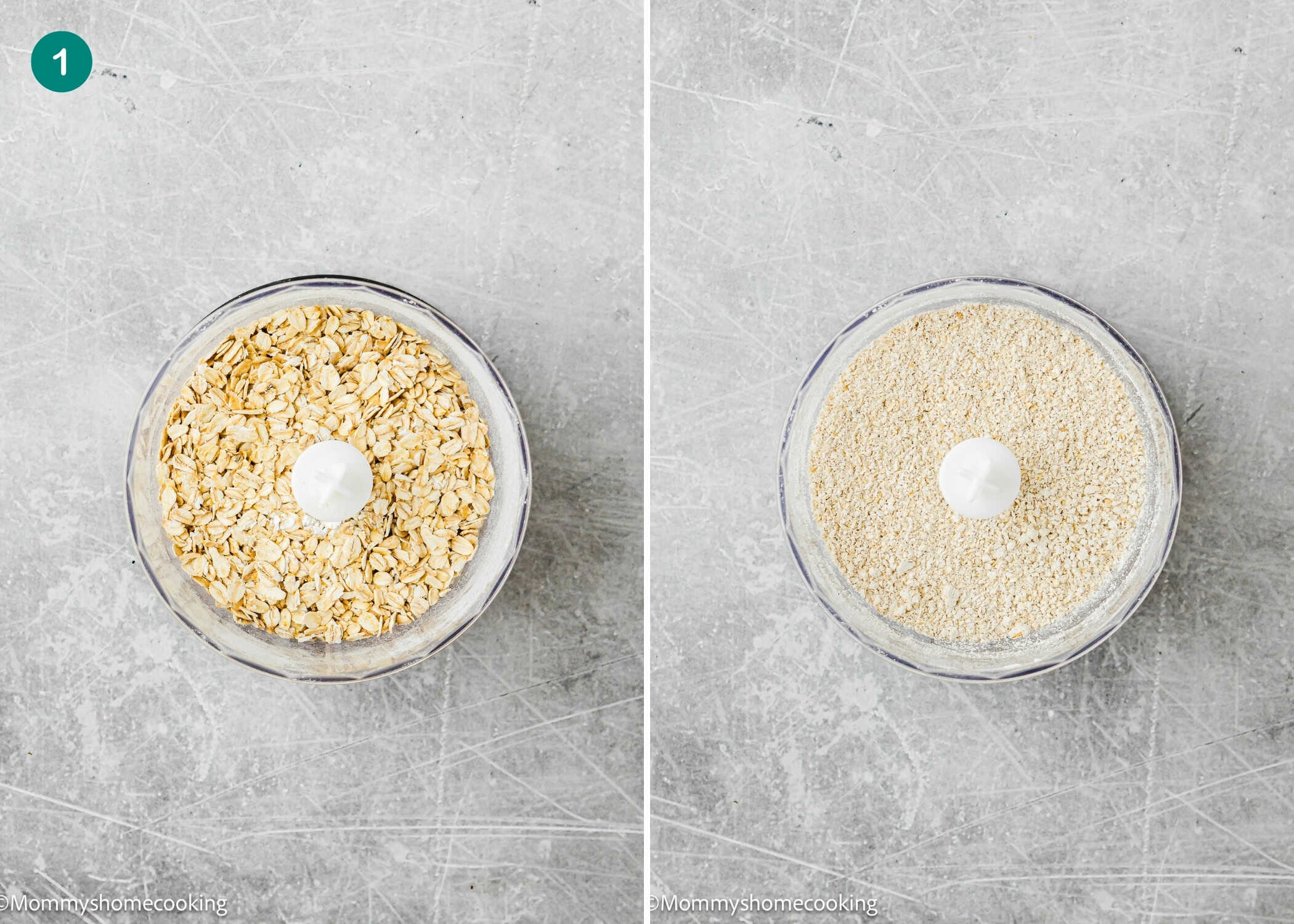 Side-by-side images show rolled oats in a food processor on the left and finely ground oat flour perfect for dairy-free, egg-free, and refined sugar–free oat waffles on the right.