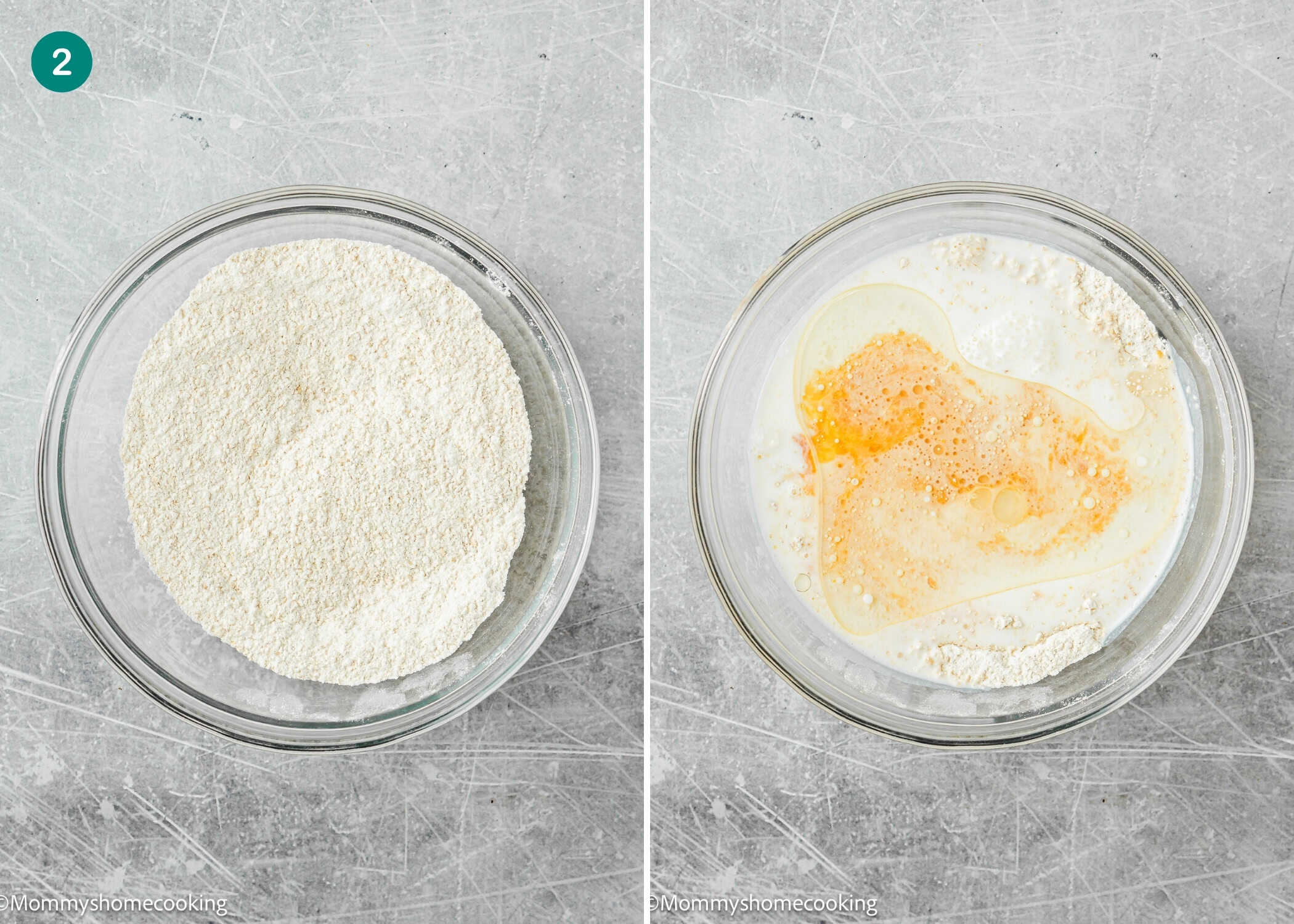 Two glass bowls on a gray surface: the left holds a dry flour mixture; the right contains the same mixture with added milk and eggs, ideal for making dairy-free and refined sugar–free oat waffles.