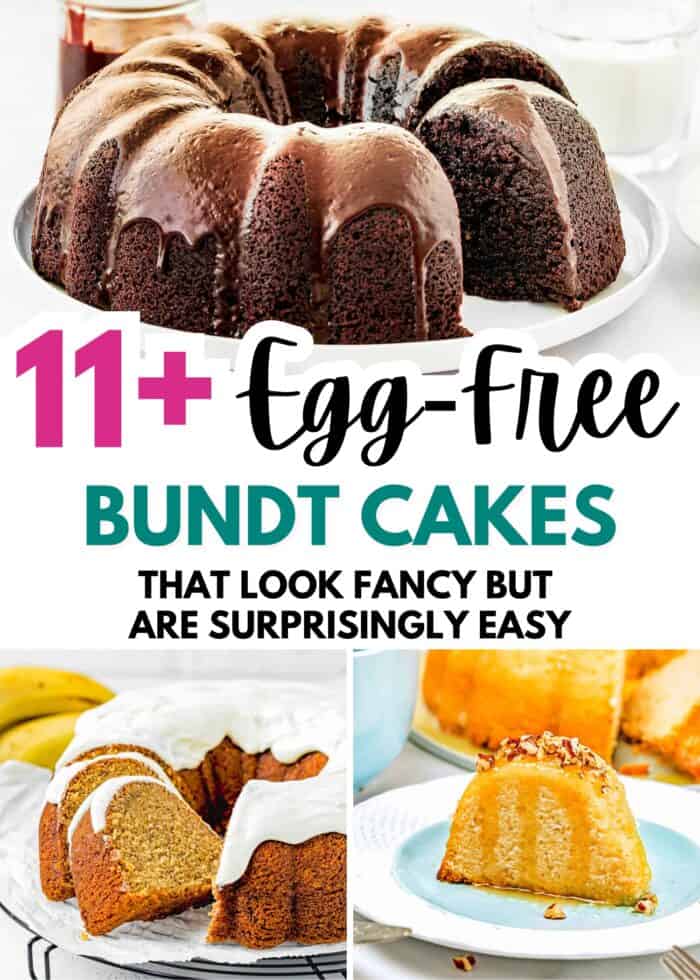 A chocolate bundt cake with glaze, a banana bundt cake with white icing, and a yellow bundt cake topped with chopped nuts showcase 11+ Egg-Free Bundt Cakes That Look Fancy but Are Surprisingly Easy to make.