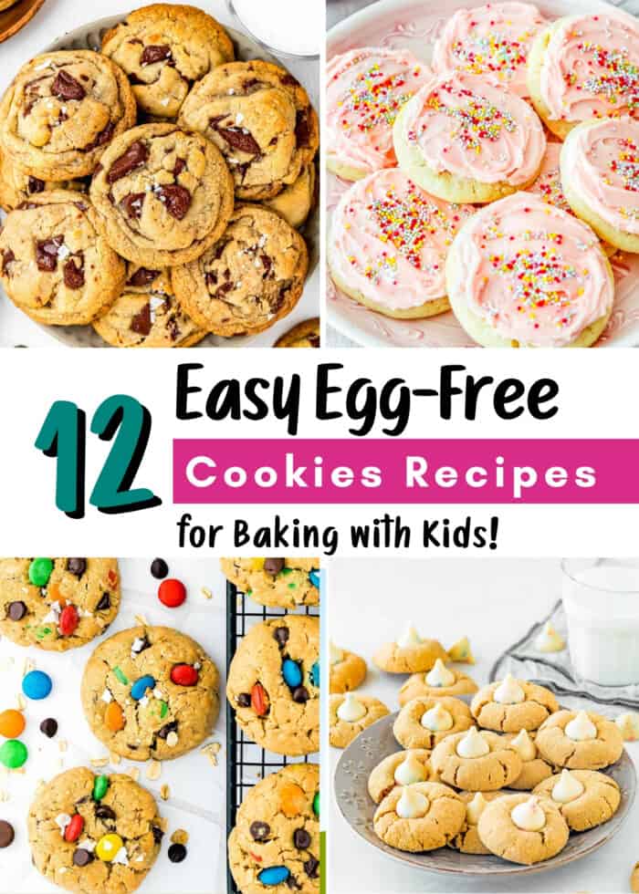 A collage of four delicious cookies with text reading "12 Easy Eggless Cookies for Baking with Kids!" featuring chocolate chip, frosted, candy, and peanut butter cookie images.