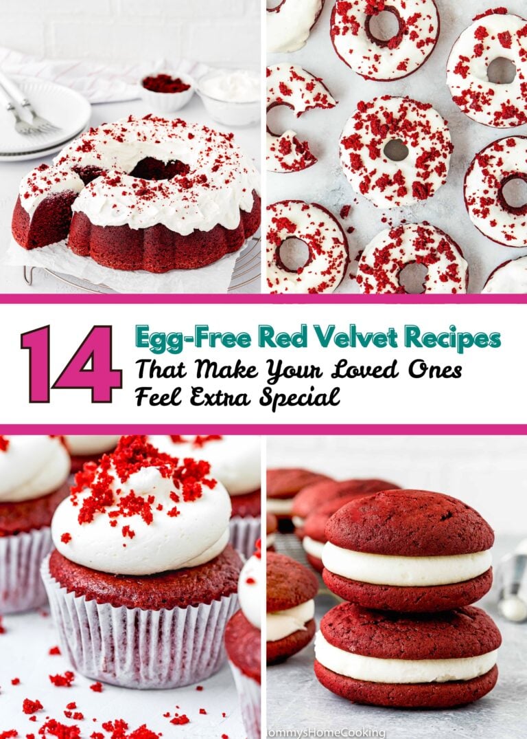 A collage of egg-free red velvet desserts—bundt cake, donuts, cupcakes with frosting, and whoopie pies—highlights “14 Egg-Free Red Velvet Recipes That Make Your Loved Ones Feel Extra Special.”.