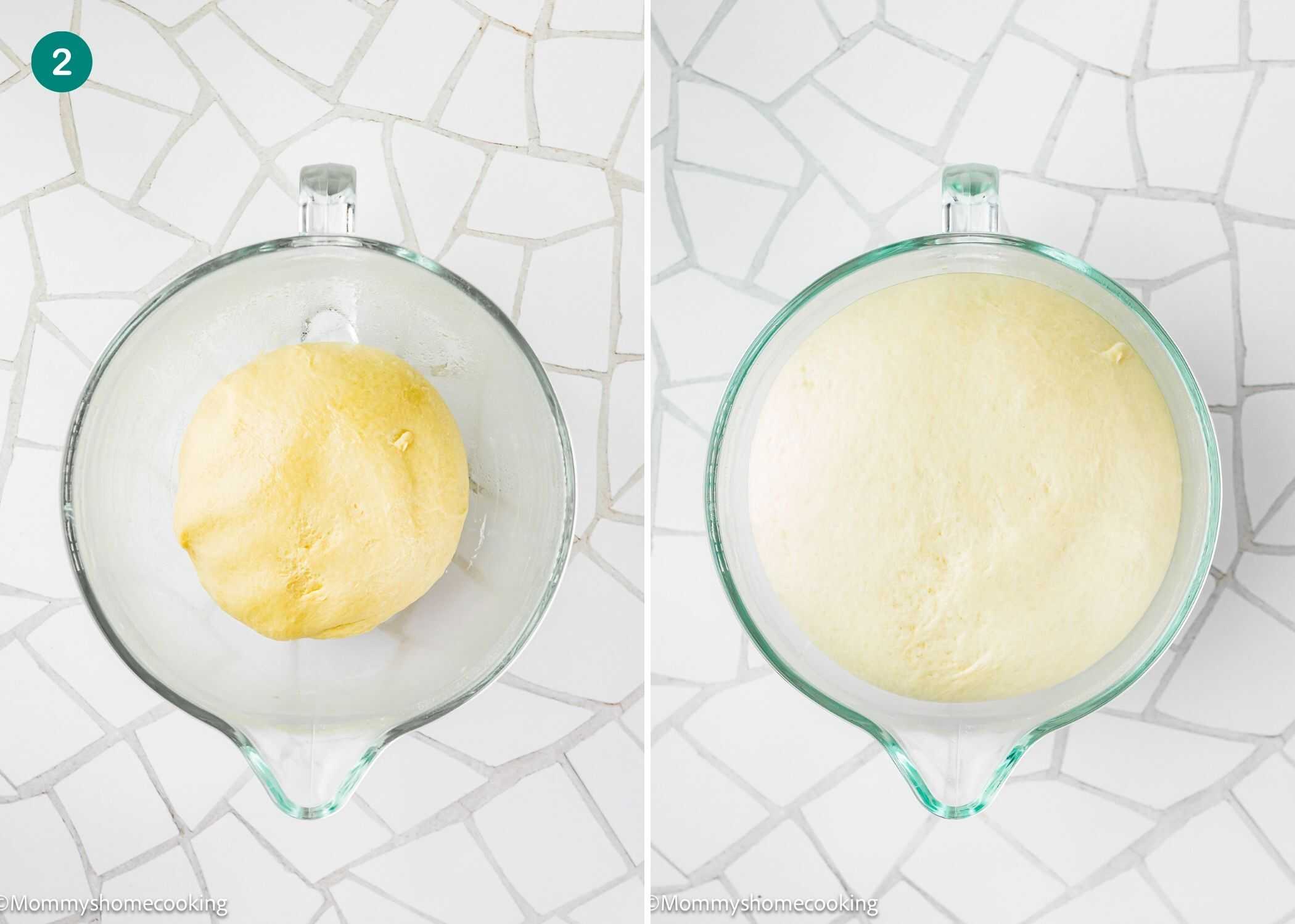 Two side-by-side images show dough in a glass bowl before and after rising, demonstrating the increase in size that takes place when preparing the Best Eggless Mardi Gras King Cake.