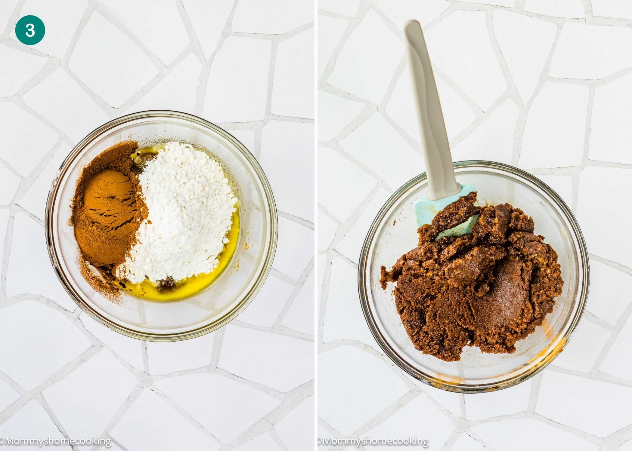 Two photos: the left shows a glass bowl with flour, cinnamon, and wet ingredients; the right shows the same bowl as the Best Eggless Mardi Gras King Cake dough comes together with a spatula.