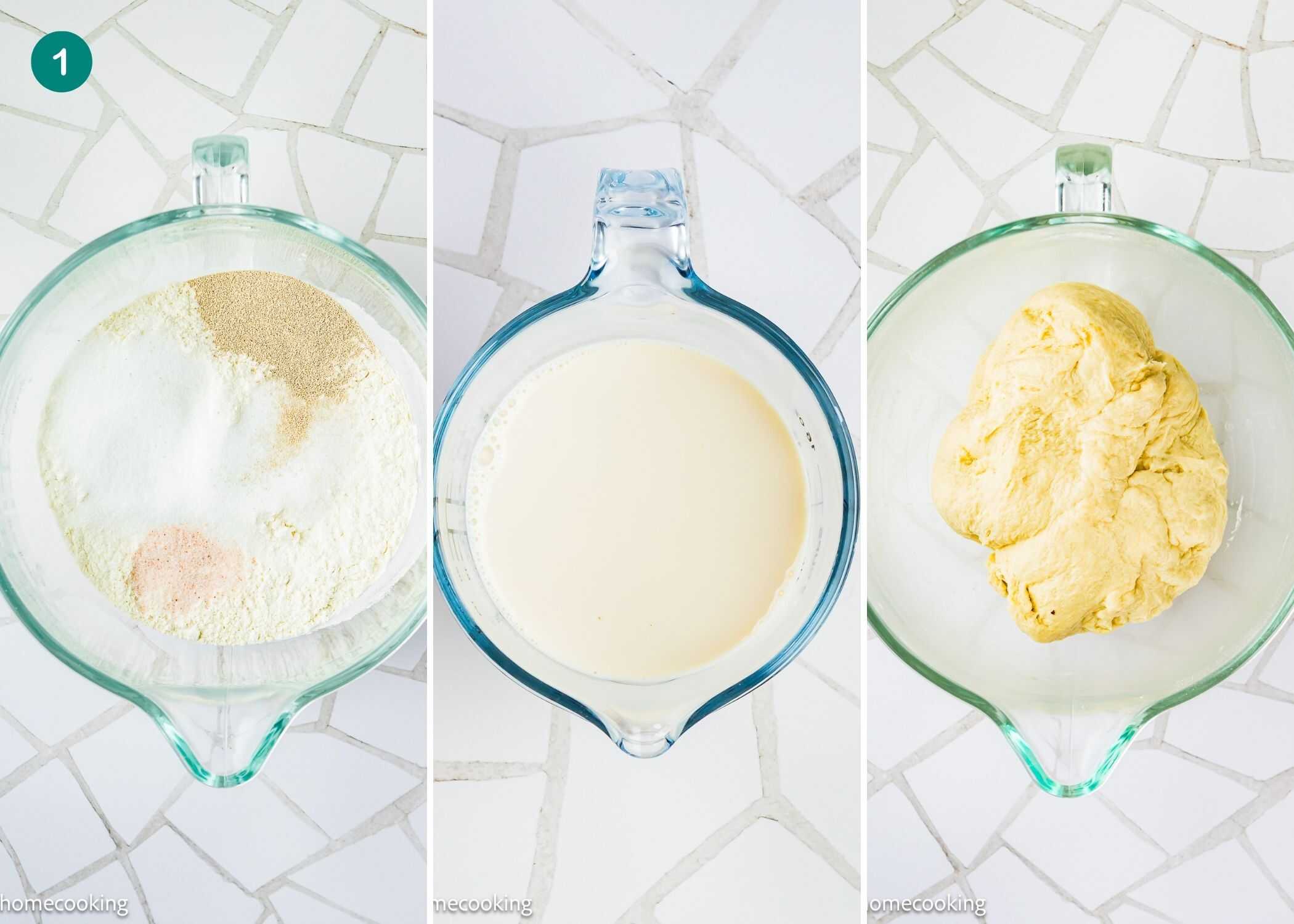 Three glass bowls: the first with dry bread ingredients, the second with mixed wet ingredients, and the third with combined dough for Best Eggless Mardi Gras King Cake on a white tiled surface.