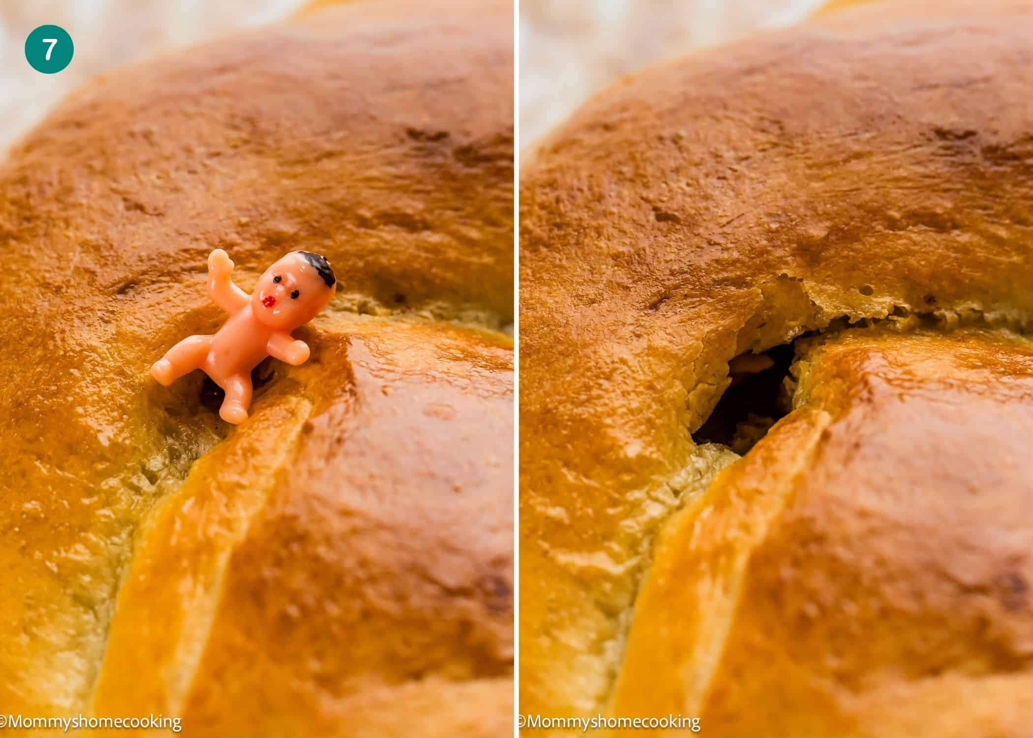 A Best Eggless Mardi Gras King Cake features a plastic baby figurine partially embedded in golden-brown baked bread on the left; on the right, the figurine is removed, leaving a small hole.