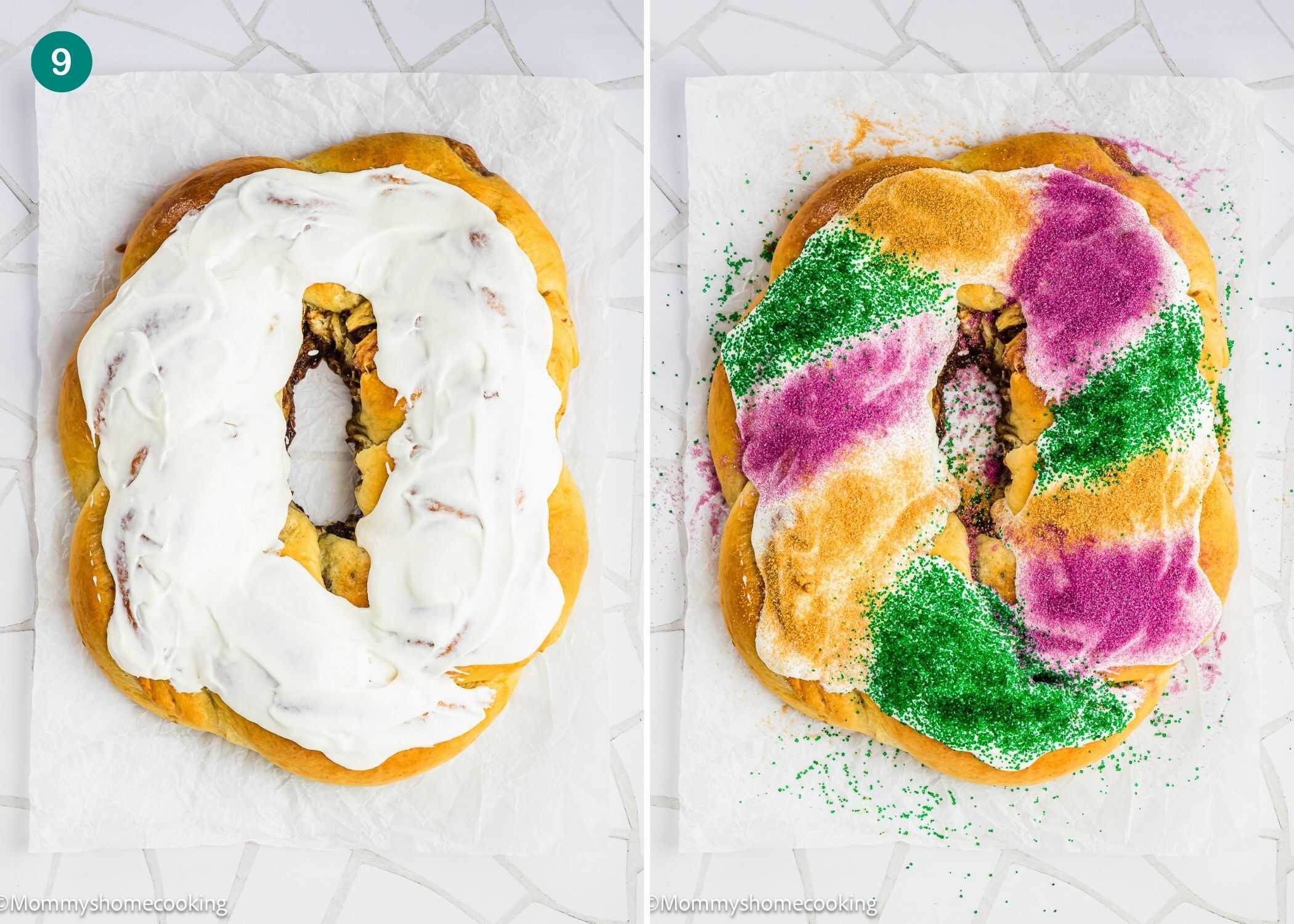 Two side-by-side images of the Best Eggless Mardi Gras King Cake: the left displays it with white icing, while the right features festive green, purple, and yellow sugar sprinkles.