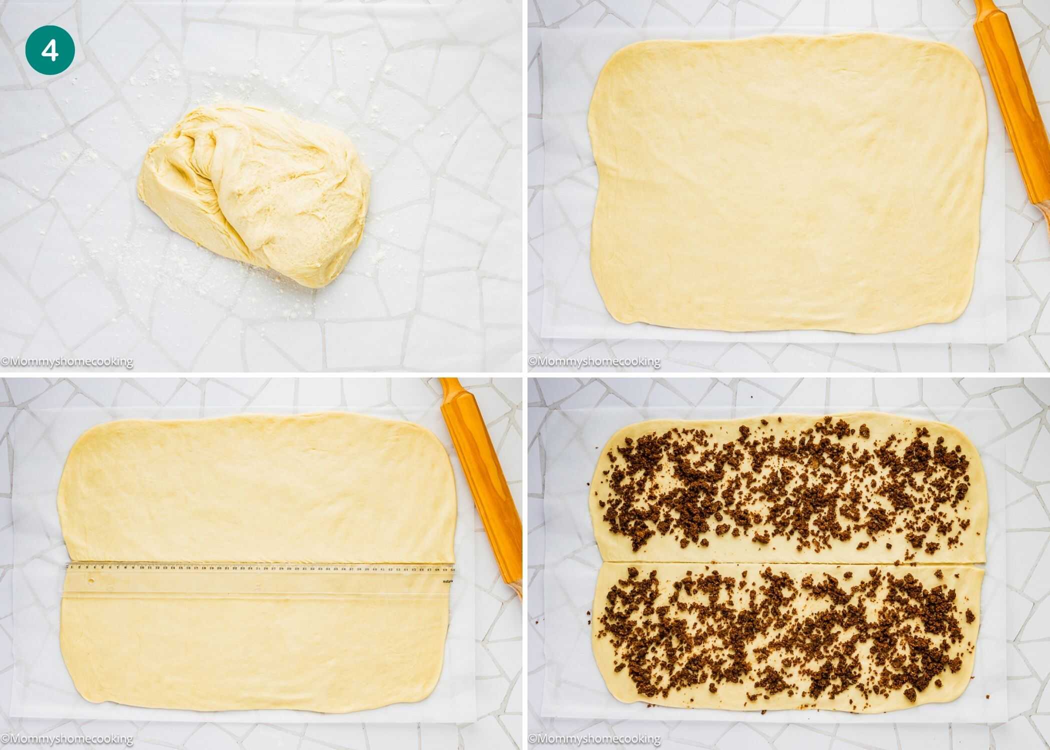 Four-step process: dough on a floured surface, rolled out flat, cut in half lengthwise, and topped with a brown filling for the Best Eggless Mardi Gras King Cake.