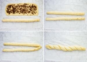A rectangle of dough with filling is rolled into a log, sliced lengthwise, and the two halves are twisted together on a white surface to create the Best Eggless Mardi Gras King Cake.