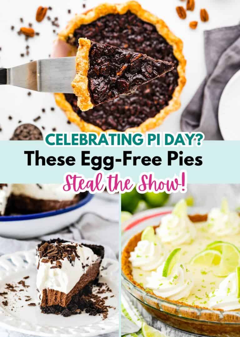 Three egg-free pies are shown: a slice of chocolate pecan pie, chocolate cream pie, and key lime pie. Celebrating Pi Day? These Egg-Free Pies Steal the Show with their decadent flavors and perfect textures!.