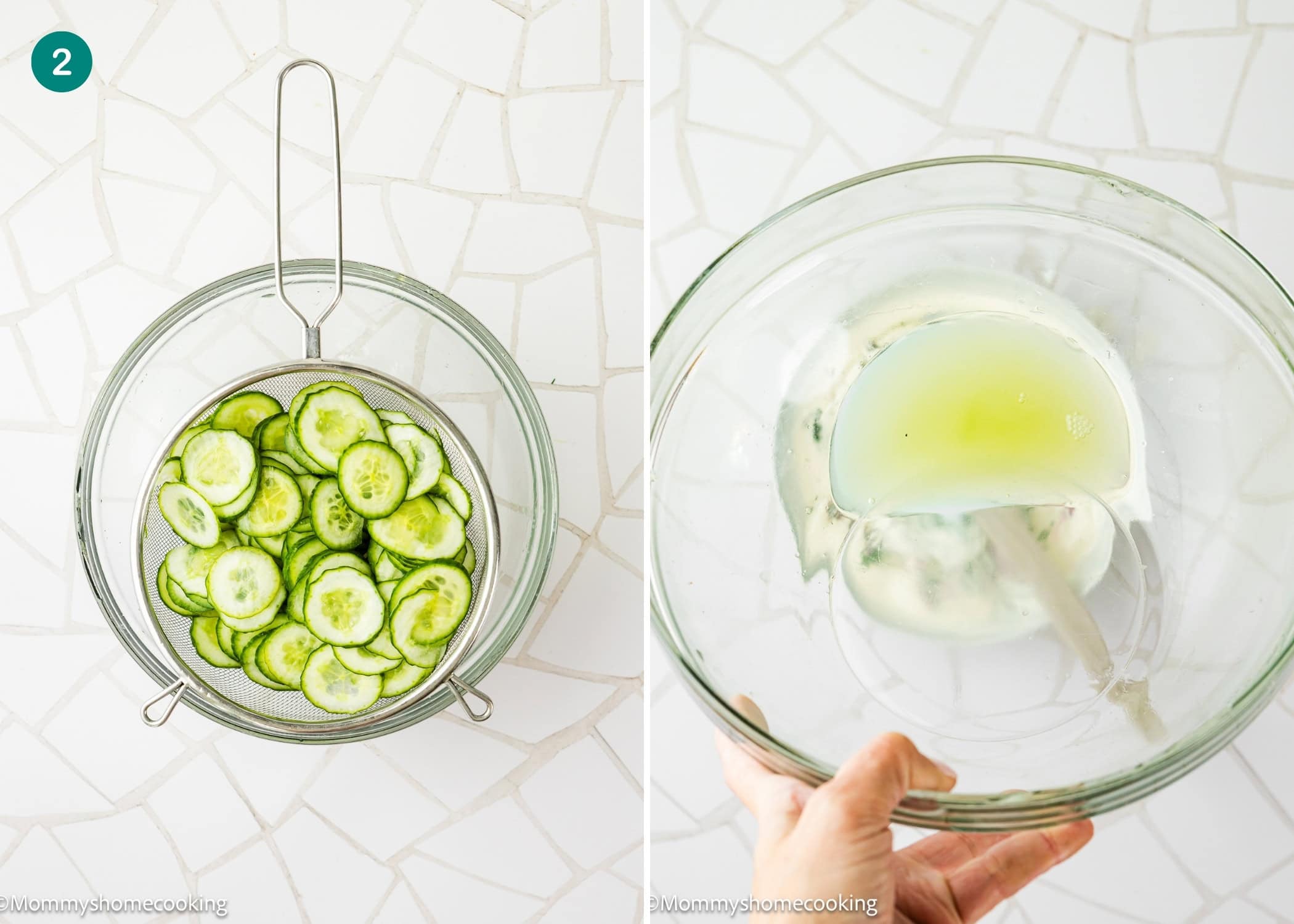 Sliced cucumbers in a strainer over a bowl on the left; a bowl with liquid and a spatula on the right, perfect for preparing Creamy Cucumber Salad (Egg-Free), displayed on a white tile surface.