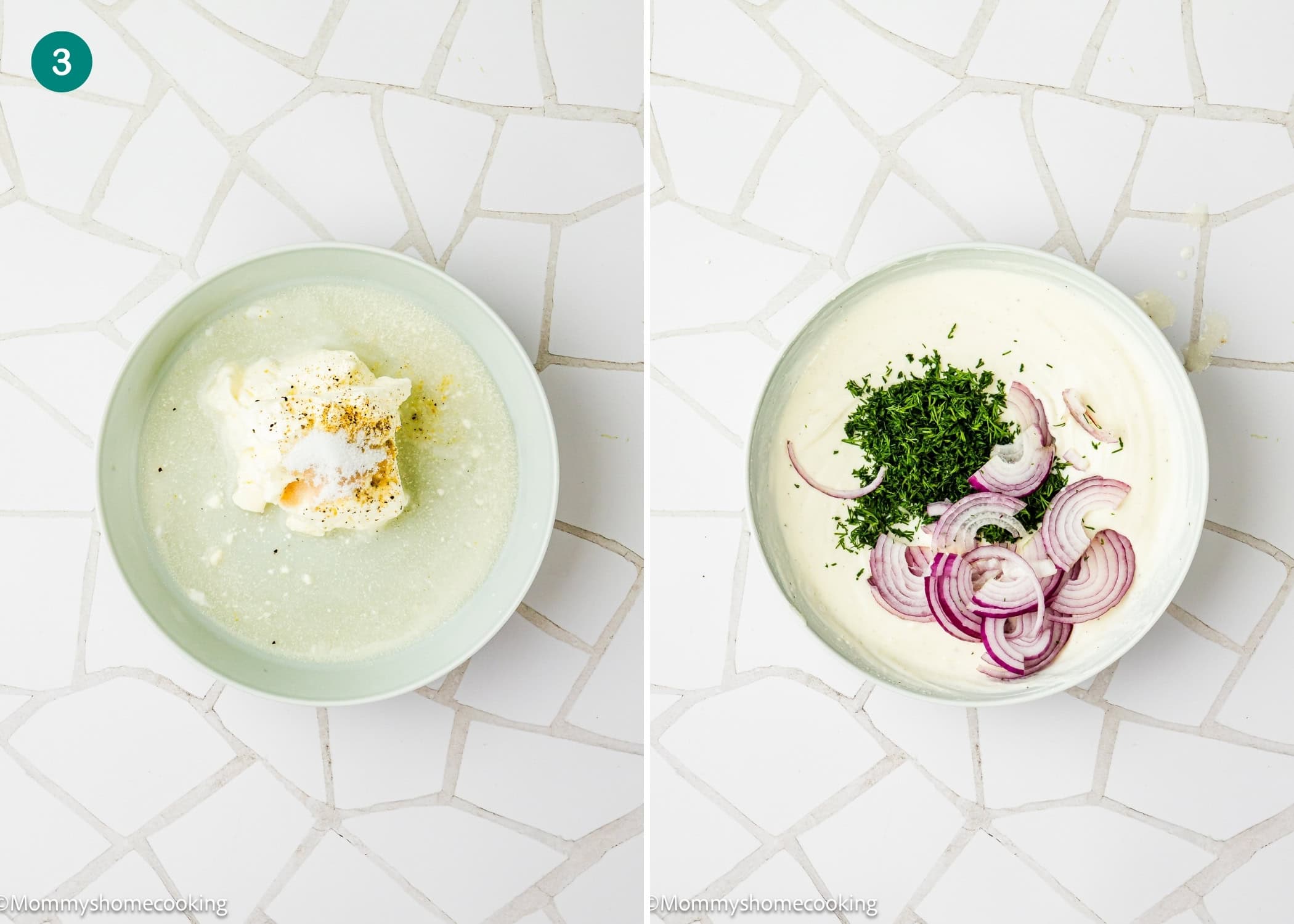 Two bowls side by side: the left contains yogurt, grated cucumber, and spices; the right displays Creamy Cucumber Salad (Egg-Free), topped with chopped herbs and sliced red onions.