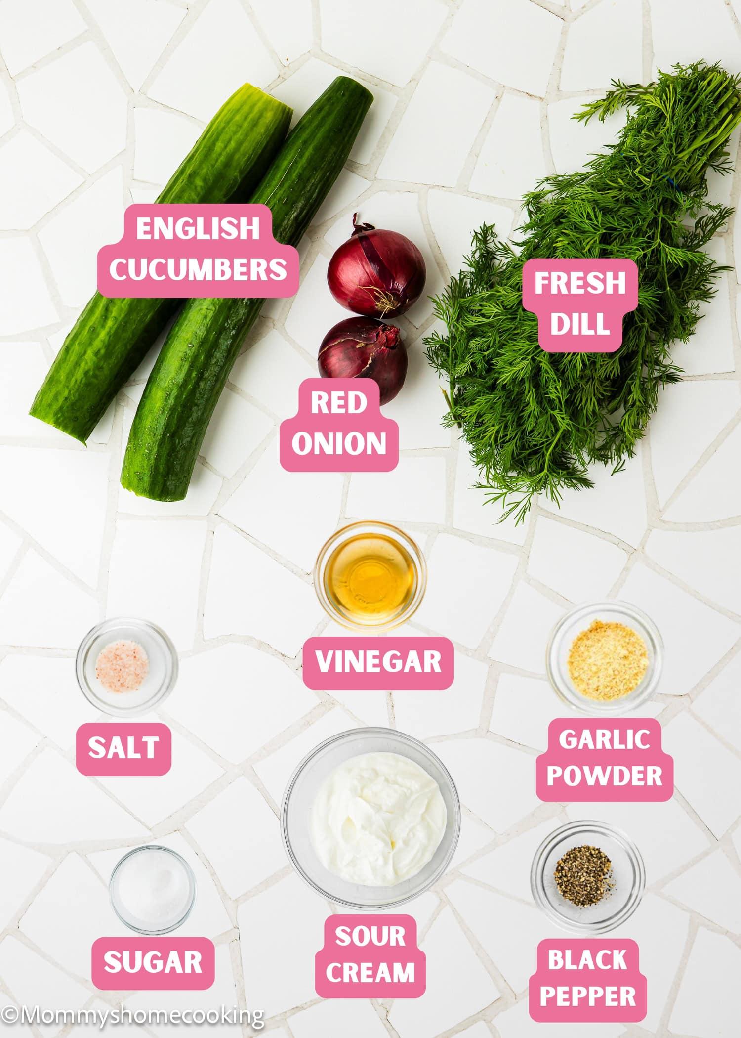 Top-down view of ingredients for Creamy Cucumber Salad (Egg-Free), including cucumbers, red onions, fresh dill, vinegar, sour cream, garlic powder, salt, sugar, and black pepper, each clearly labeled.