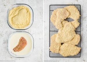 Two glass dishes show steak being coated in flour and batter for a crispy eggless pork schnitzel; on the right, several egg and dairy free breaded steaks cool on a wire rack.