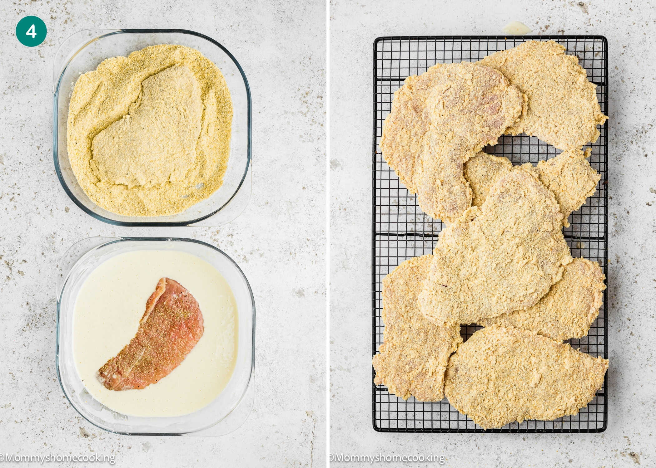 Two glass dishes show steak being coated in flour and batter for a crispy eggless pork schnitzel; on the right, several egg and dairy free breaded steaks cool on a wire rack.