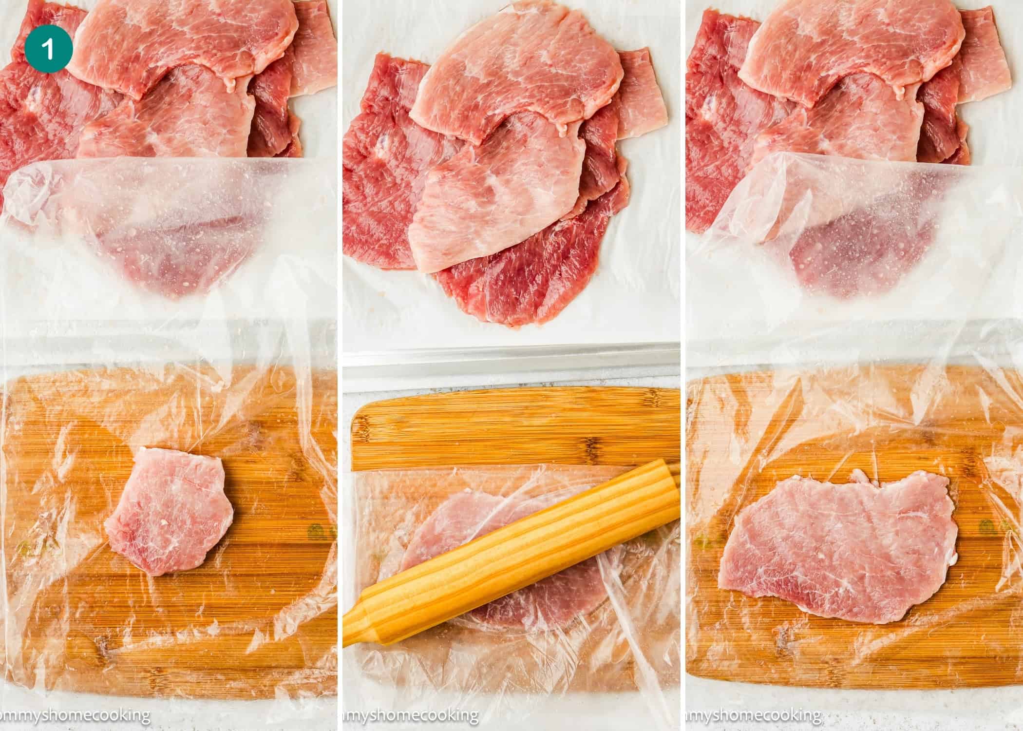 Three-step process for making Crispy Eggless Pork Schnitzel (egg and dairy free): flatten raw pork slices between plastic wrap using a rolling pin on a wooden cutting board.