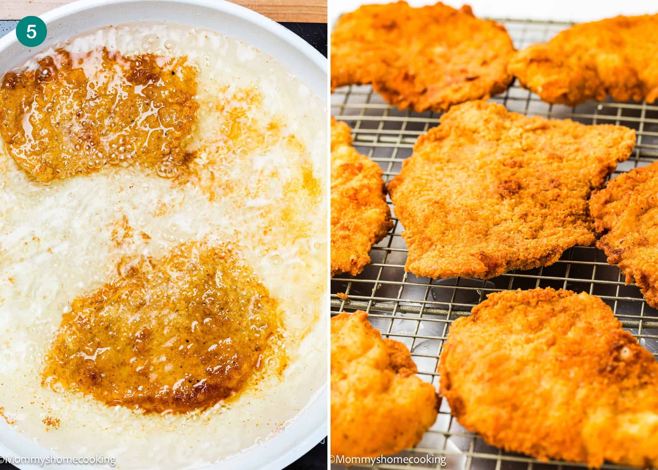 Two breaded Pork Schnitzel fry in oil in a skillet(left), while several cooked, golden-brown Pork Schnitzel, inspired by crispy eggless pork schnitzel, cool on a wire rack (right). All are egg and dairy free.