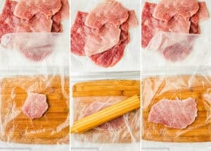 Three-step process for Crispy Eggless Pork Schnitzel (egg and dairy free): flatten raw pork slices under plastic wrap by pounding them with a rolling pin on a wooden board.