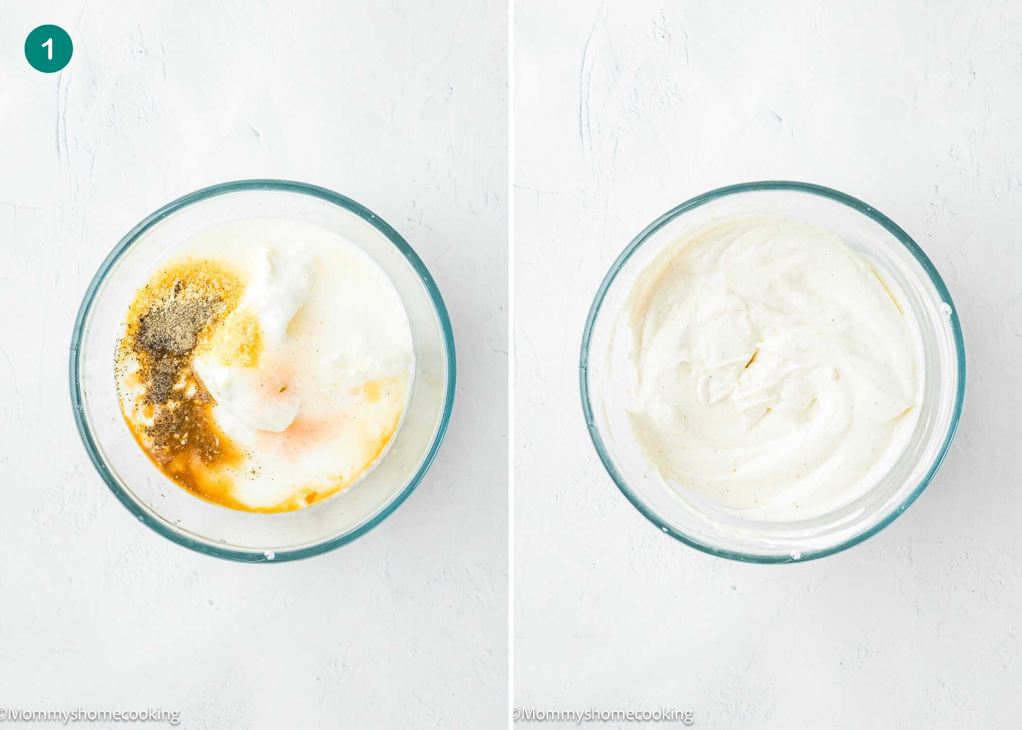 Two glass bowls: the left shows yogurt and spices before mixing, while the right features ingredients blended into a smooth, creamy Easy Eggless Blue Cheese Dressing.