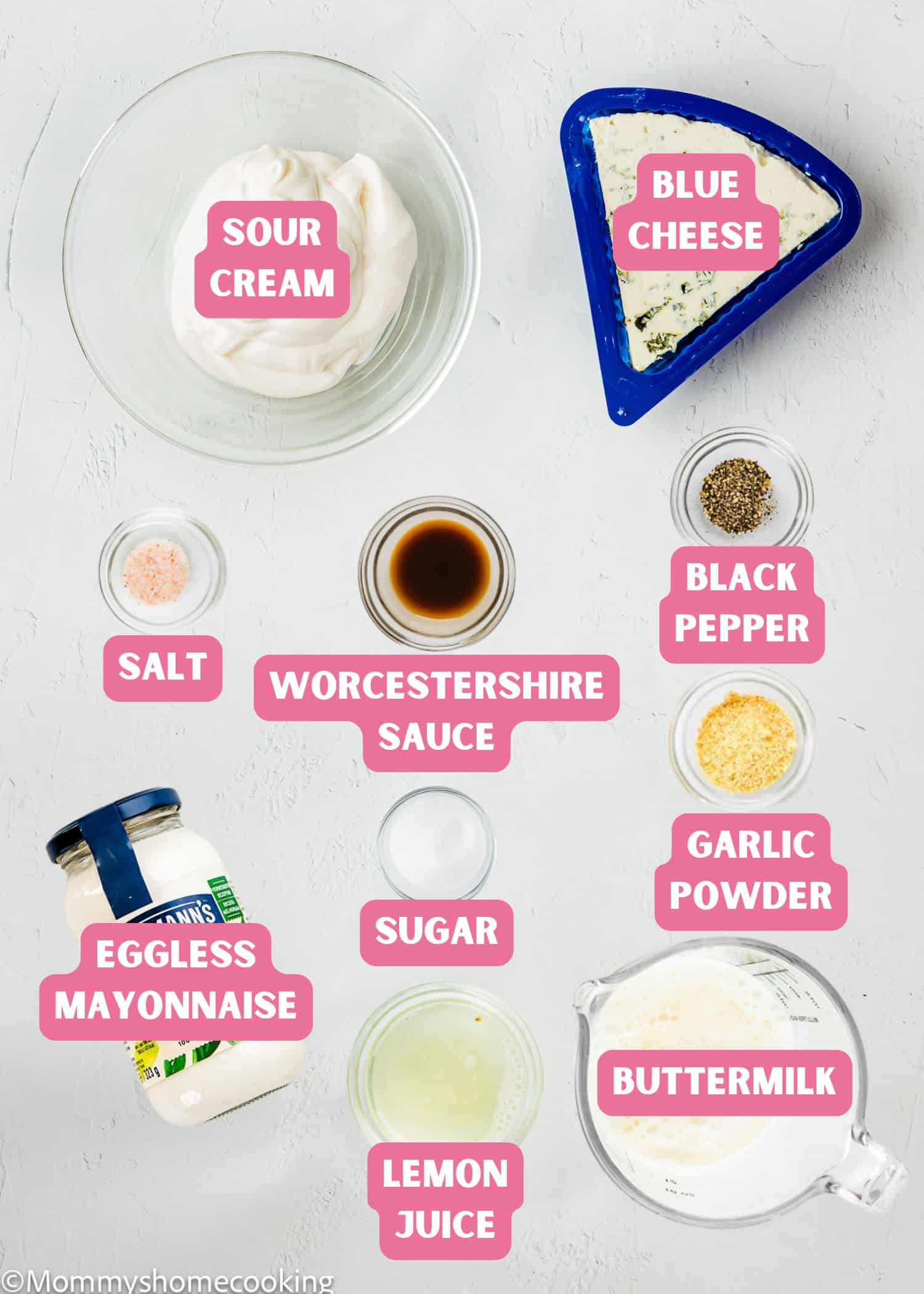 Ingredients for Easy Eggless Blue Cheese Dressing are arranged on a white surface, each labeled: sour cream, blue cheese, black pepper, garlic powder, buttermilk, lemon juice, sugar, eggless mayonnaise, salt, Worcestershire sauce.