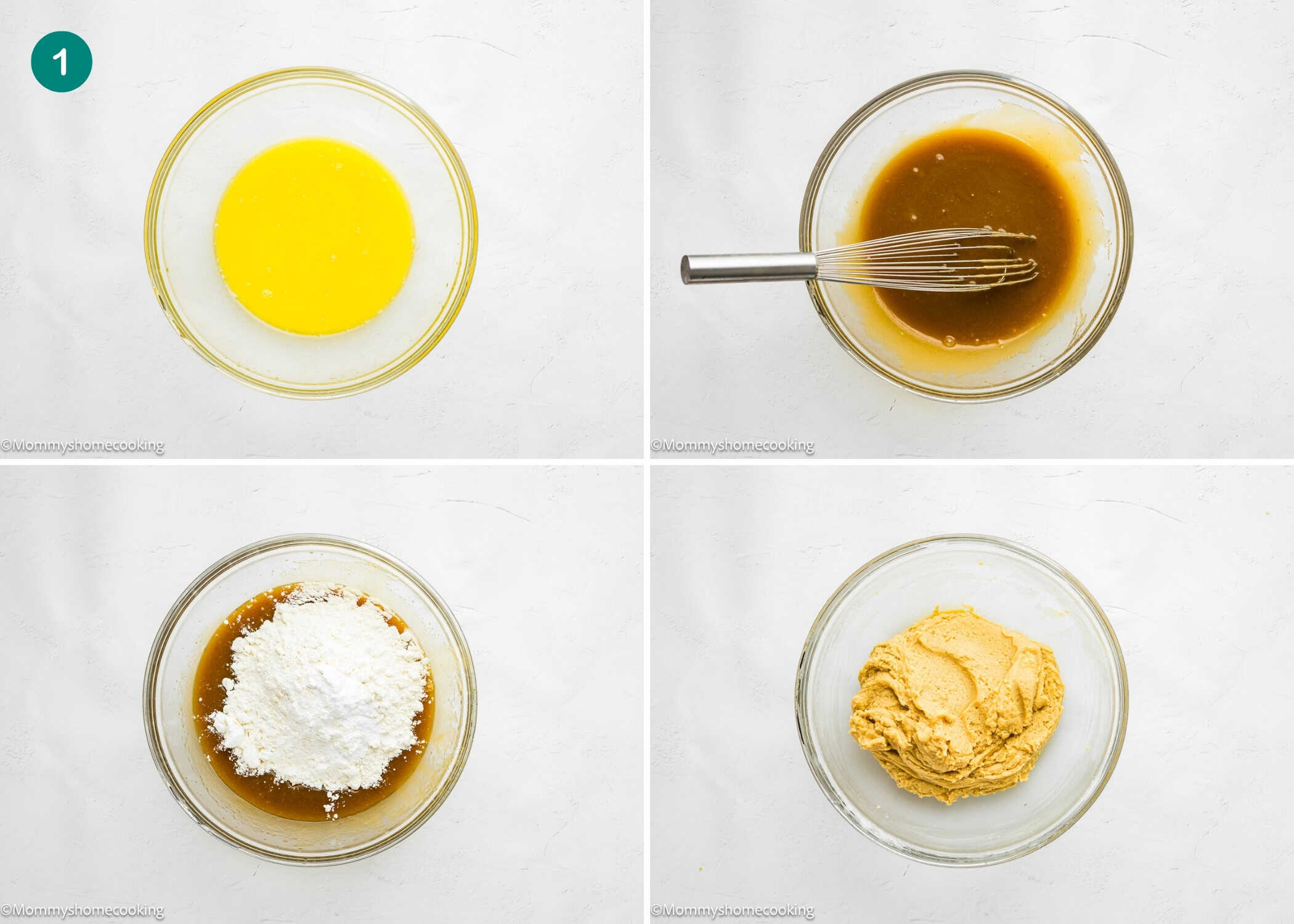 Four-step process of making Eggless Brookie Cookies (One Dough): mix melted butter, whisk ingredients, add powdered sugar, and blend into a final creamy dough.