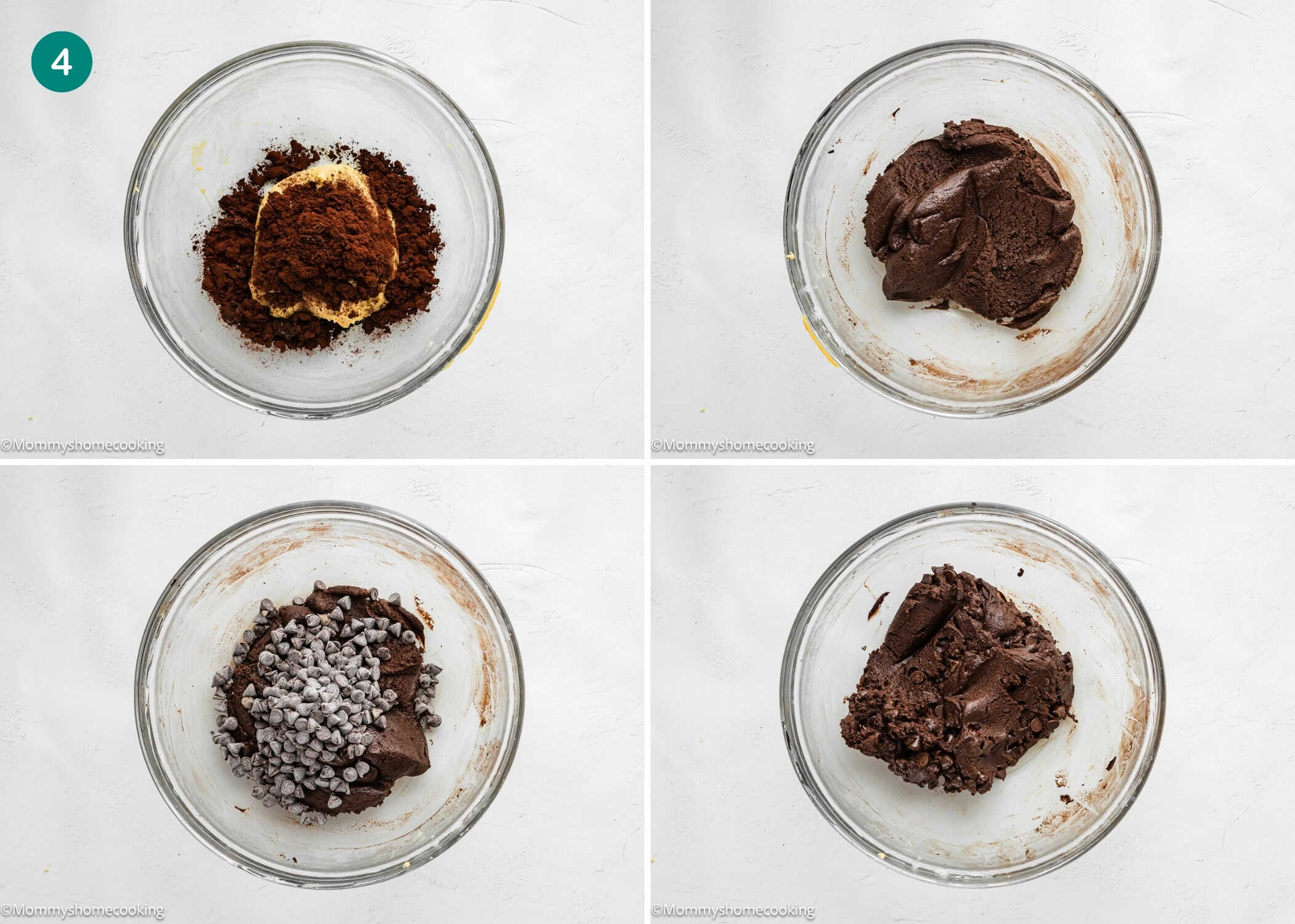 Four glass bowls show the stages of making Eggless Brookie Cookies (One Dough): adding cocoa, mixing, adding chocolate chips, and the final mixed dough.