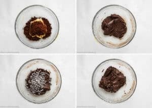 Four glass bowls show the step-by-step process of making Eggless Brookie Cookies (One Dough): adding cocoa to butter, mixing, adding chocolate chips, and the final dough mixture.