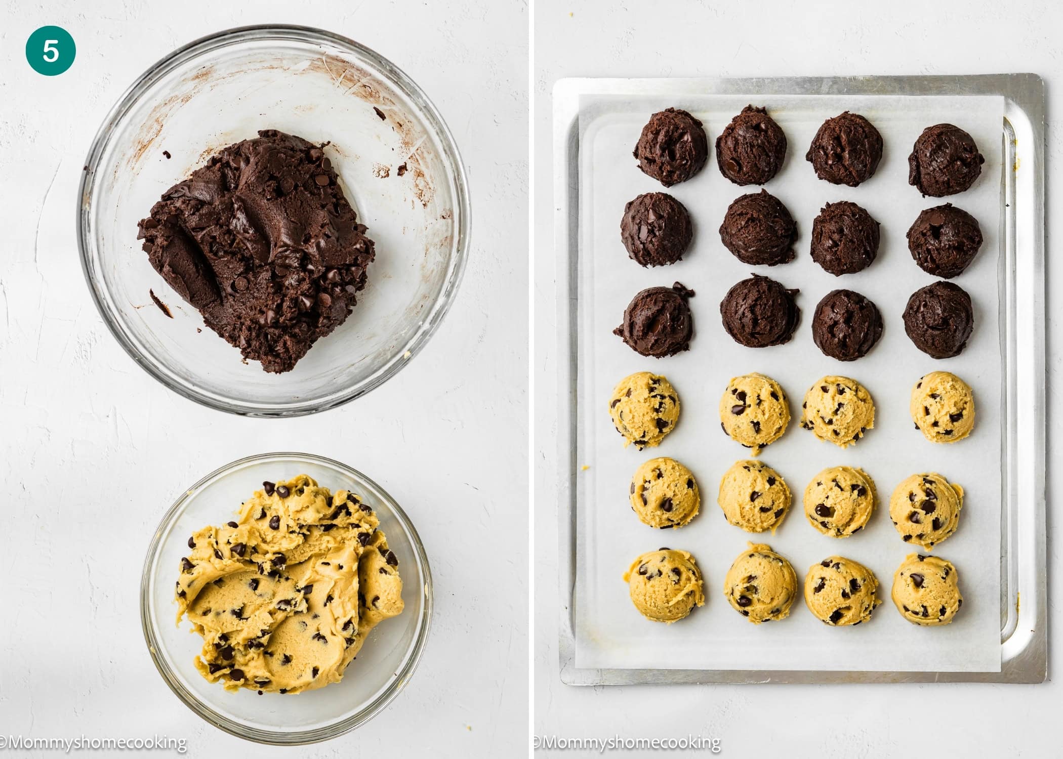 Two bowls of Eggless Brookie Cookies (One Dough)—one chocolate, one chocolate chip—on the left; on the right, dough scoops arranged on a parchment-lined baking sheet, ready to bake.